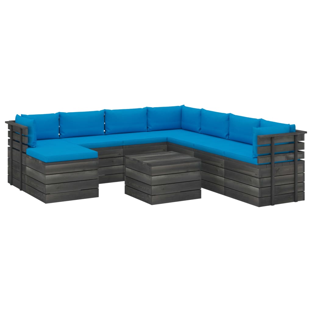 Set mobilier de gradina cu 9 piese cu perne incluse, vidaXL, Lemn, 60 x 65 x 71.5 cm, Albastru deschis
