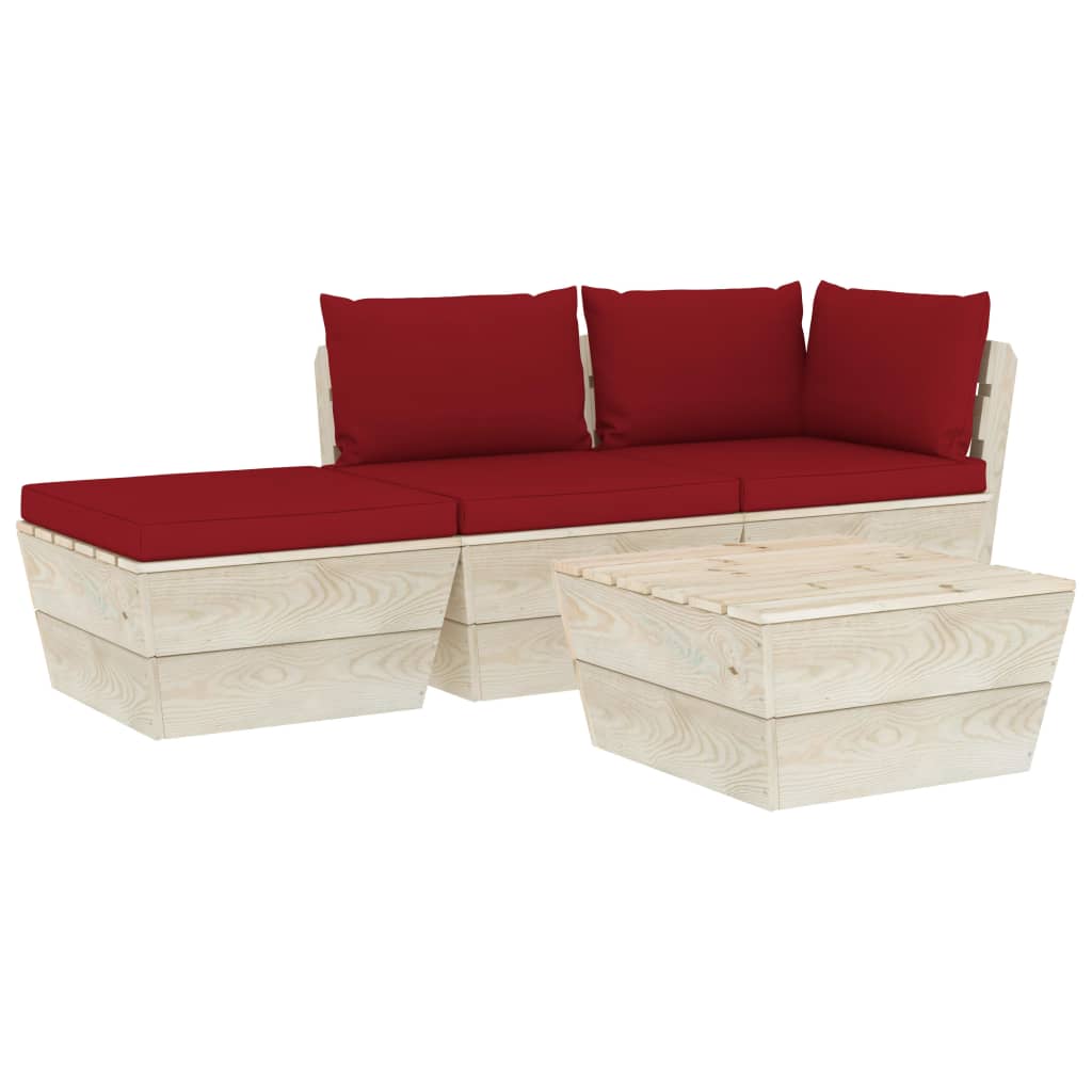 Set mobilier de gradina cu 4 piese cu perne colorate incluse, vidaXL, Lemn, 60 x 60 x 65 cm, Rosu inchis