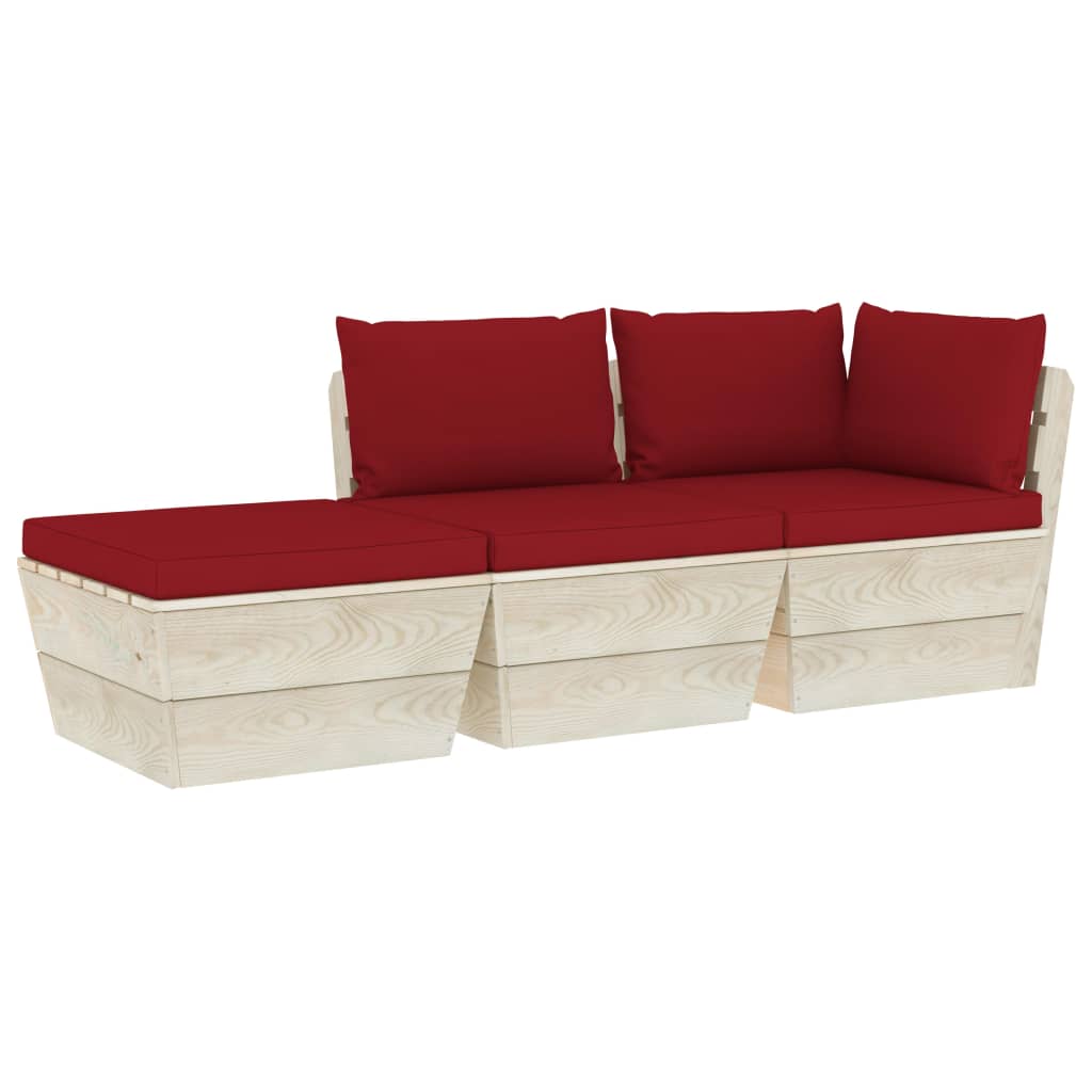 Set mobilier de gradina cu 3 piese cu perne colorate incluse, vidaXL, Lemn, 60 x 60 x 65 cm, Rosu inchis