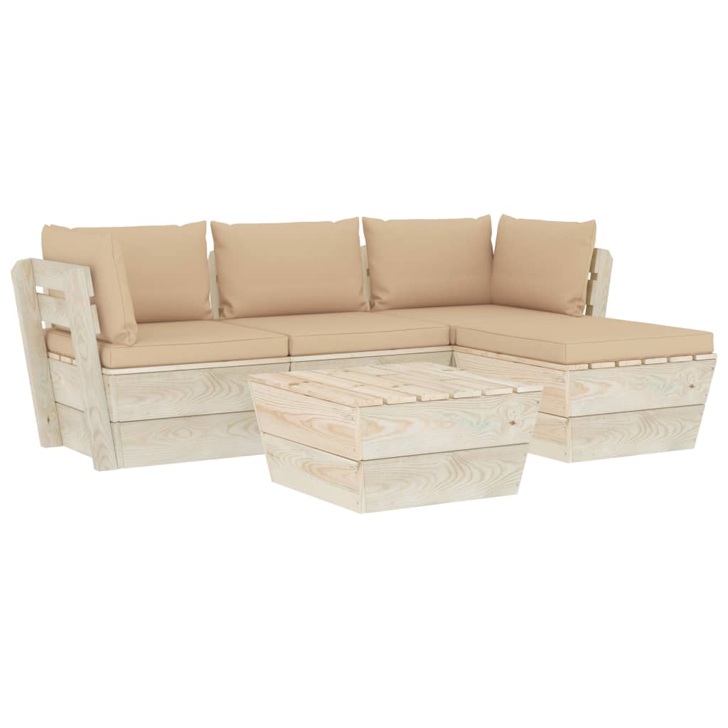 Set mobilier de gradina din paleti cu spatar cu 5 piese cu perne colorate incluse, vidaXL, Lemn, 60 x 60 x 65 cm, Bej