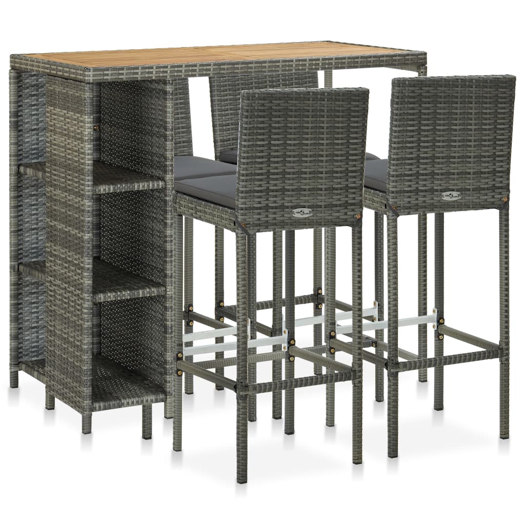 Set mobilier de bar pentru gradina cu 9 piese cu perne incluse, vidaXL, Poliratan, 120 x 60 x 110 cm, Gri