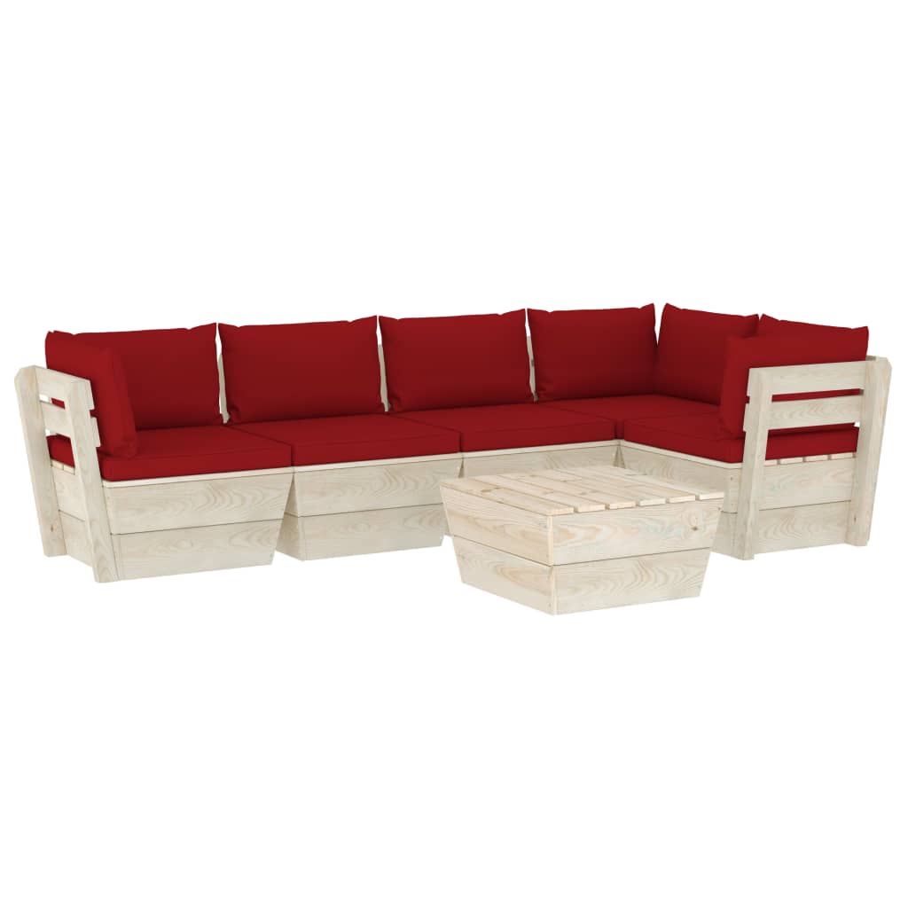 Set mobilier de gradina cu spatar cu 6 piese cu perne colorate incluse, vidaXL, Lemn, 60 x 60 x 65 cm, Rosu inchis