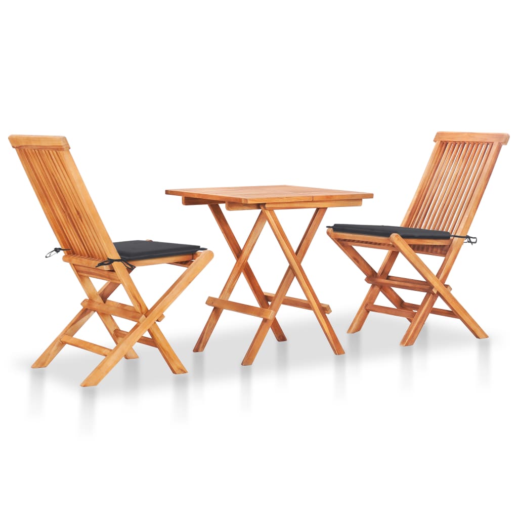 Set mobilier de exterior cu 3 piese pliabile cu perne gri antracit incluse, vidaXL, Lemn de tec, 60 x 8 x 75 cm, Maro