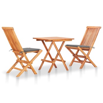 Set mobilier de exterior cu 3 piese pliabile cu perne gri incluse, vidaXL, Lemn de tec, 60 x 8 x 75 cm, Maro Set mobilier de exterior cu 3 piese pliabile cu perne gri incluse, vidaXL, Lemn de tec, 60 x 8 x 75 cm, Maro
