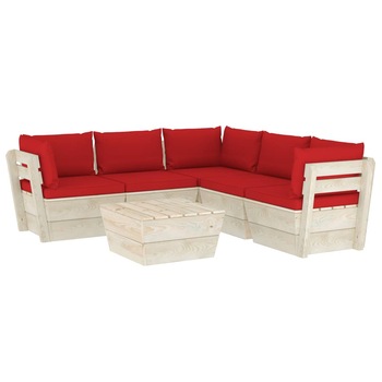 Set mobilier de gradina cu 6 piese cu perne rosii, vidaXL, Lemn, 60 x 60 x 65 cm, Rosu inchis