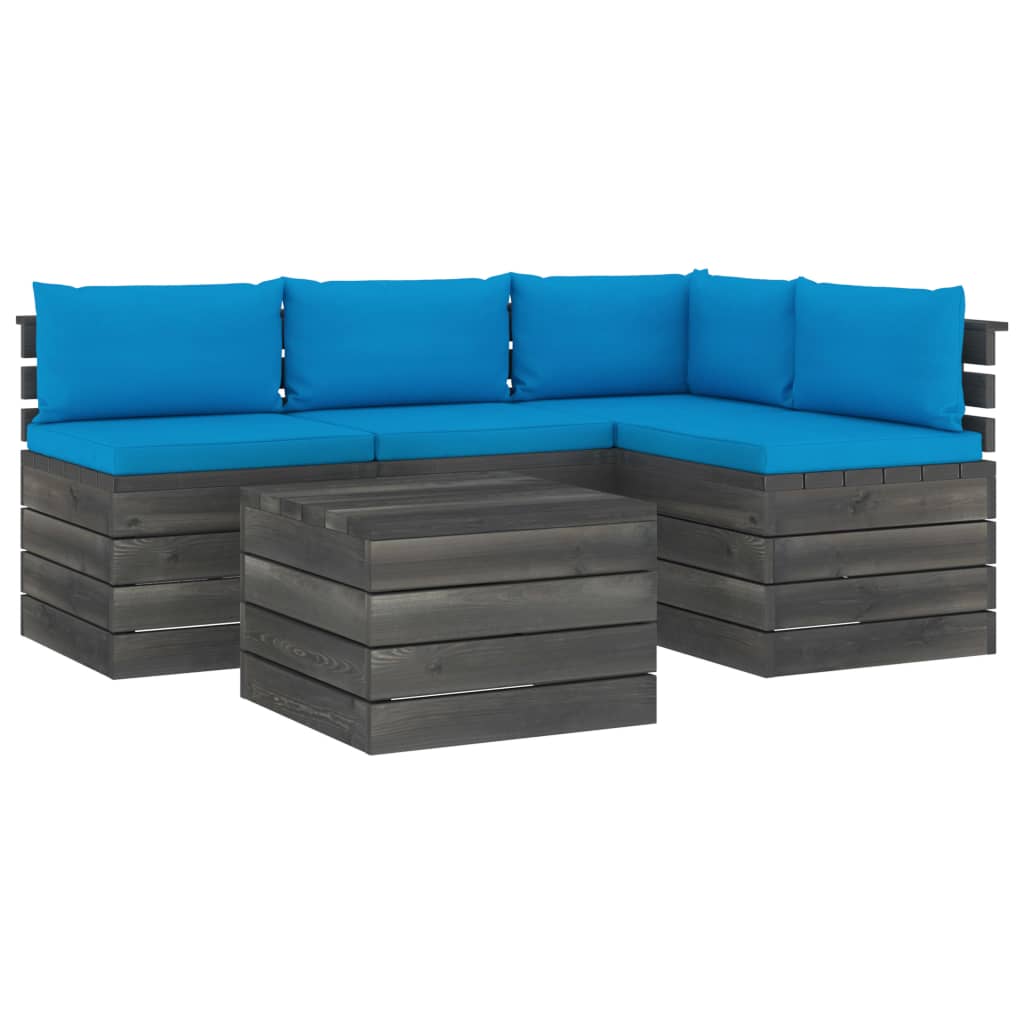 Set mobilier de gradina cu 5 piese cu perne, vidaXL, Lemn, 60 x 65 x 71.5 cm, Albastru deschis