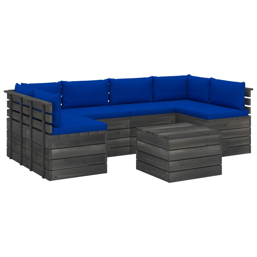 Set mobilier de gradina cu 7 piese cu perne colorate, vidaXL, Lemn, 60 x 65 x 71.5 cm, Albastru