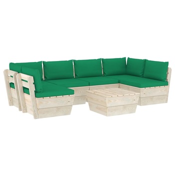 Set mobilier de gradina cu 7 piese cu perne colorate incluse, vidaXL, Lemn, 60 x 60 x 65 cm, Verde