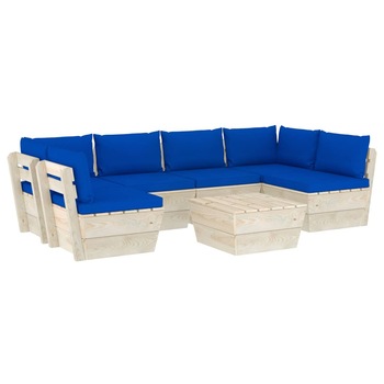 Set mobilier de gradina cu 7 piese cu perne colorate incluse, vidaXL, Lemn, 60 x 60 x 65 cm, Albastru