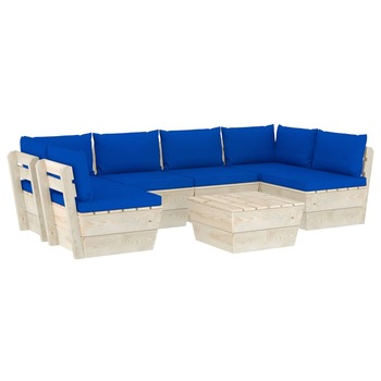 Set mobilier de gradina cu 7 piese cu perne colorate incluse, vidaXL, Lemn, 60 x 60 x 65 cm, Albastru Set mobilier de gradina cu 7 piese cu perne colorate incluse, vidaXL, Lemn, 60 x 60 x 65 cm, Albastru