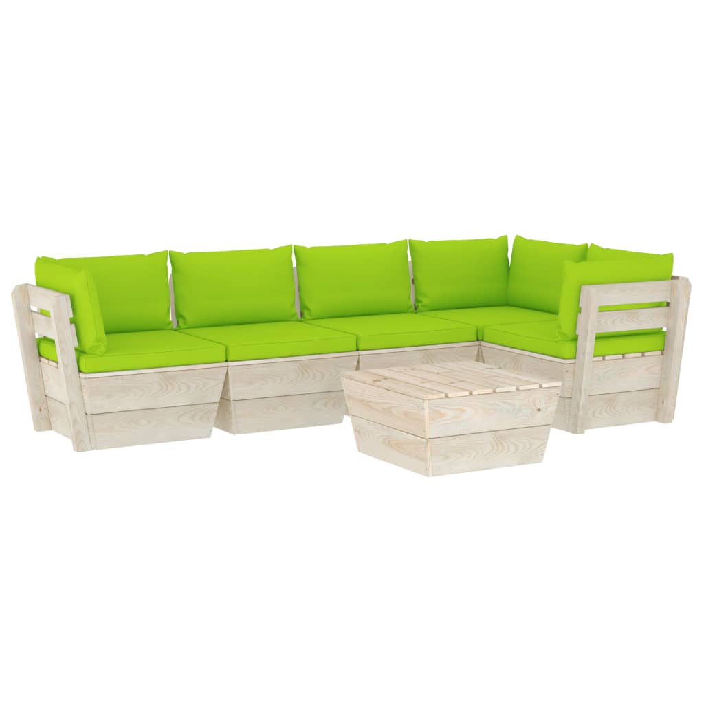 Set mobilier de gradina cu spatar cu 6 piese cu perne colorate incluse, vidaXL, Lemn, 60 x 60 x 65cm, Verde deschis