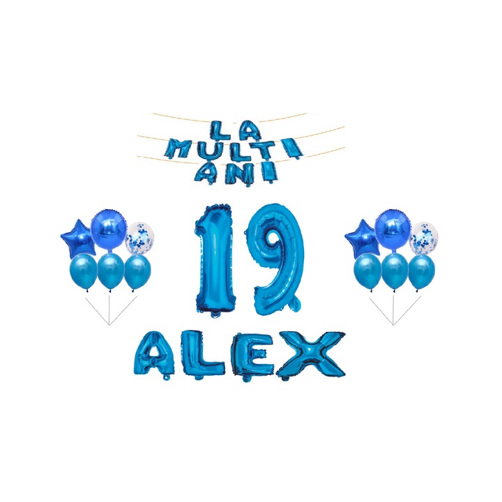 Boldog születésnapot lufi készlet, név, szám, két szett lufi, kék, 15db