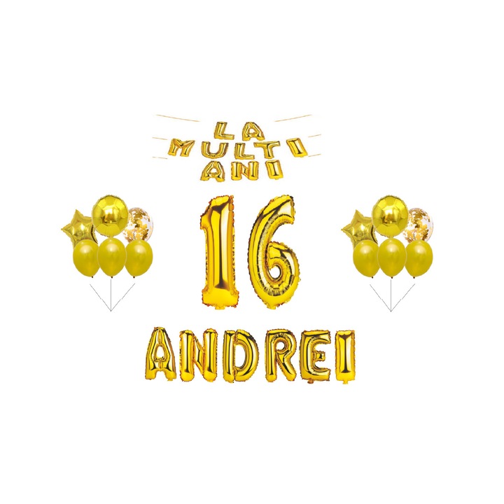 Boldog születésnapi lufi készlet, név, szám, két szett lufi, arany, 15db