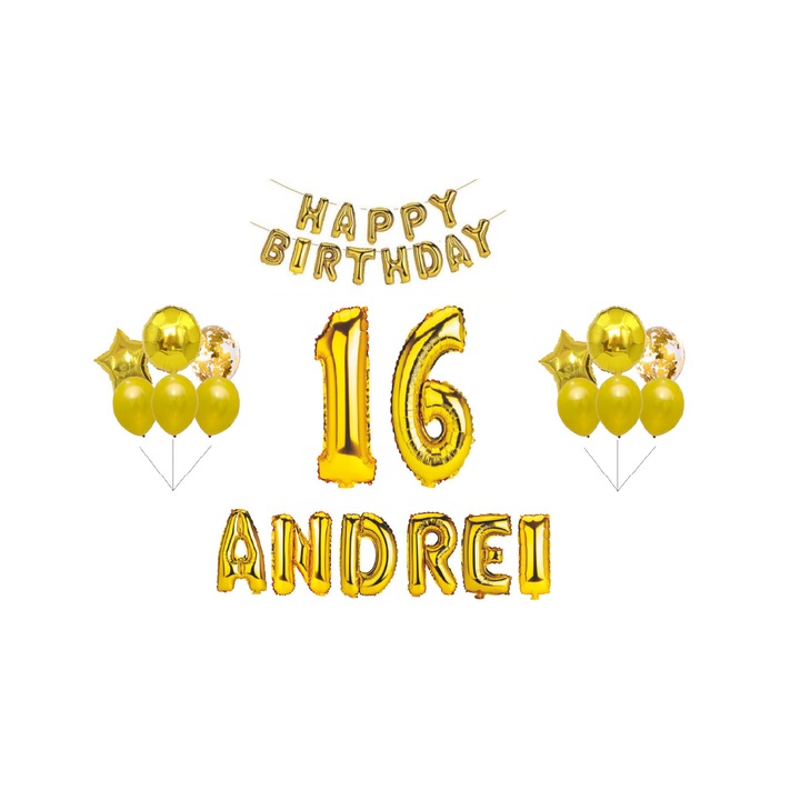 Boldog születésnapi lufi készlet, név, szám, két szett lufi, arany, 15db