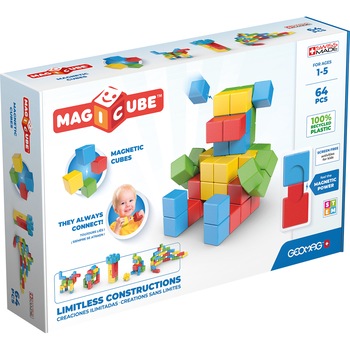 Set de constructie magnetic, Full color, Magicube Animale, 64 piese, Geomag, 069 Set de constructie magnetic, Full color, Magicube Animale, 64 piese, Geomag, 069
