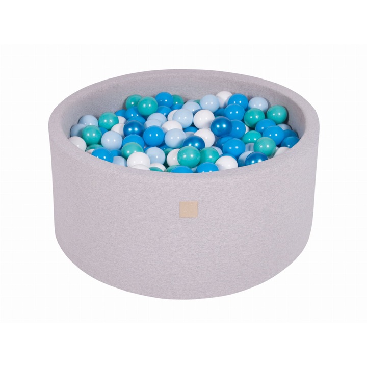 Piscina uscata cu bile Meowbaby, 300 de bile (Alb, albastru, turcoaz, baby blue, albastru perlat), 90 x 30 cm, Gri deschis