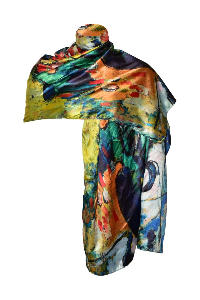 Esarfa tip sal doua fete pictata, Dacali, matase, VA portocaliu/albastru