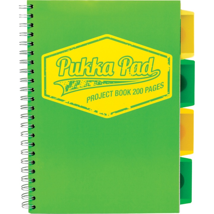 Jegyzetfüzet spirállal és elválasztókkal Pukka Pad Project Book Neon B5 200 oldal zöld matematika