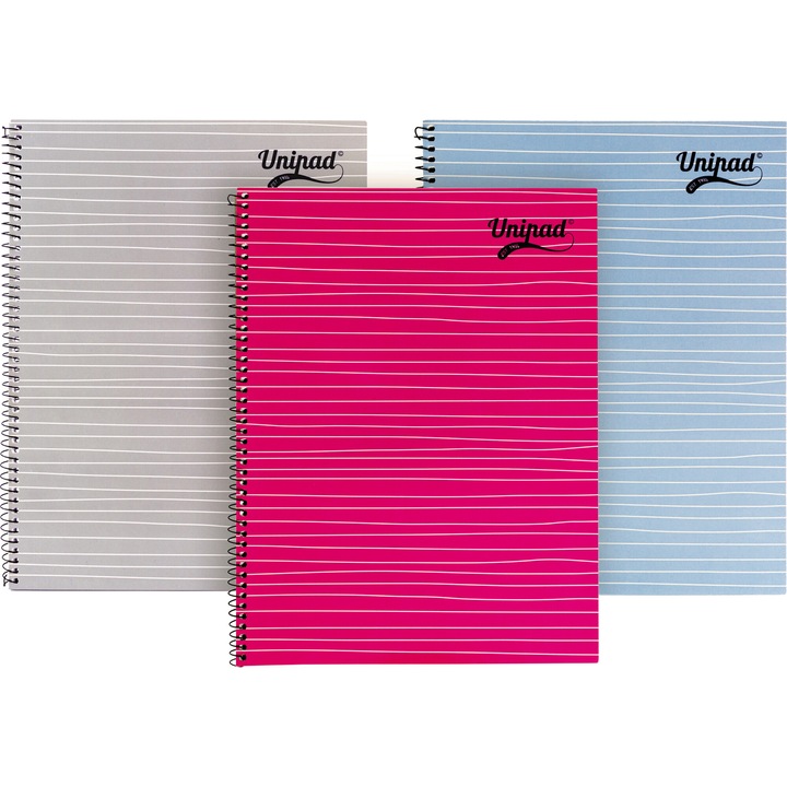 Set 3 caiete cu spirala UniPads, A4, dictando, 160 pagini, roz, albastru, gri