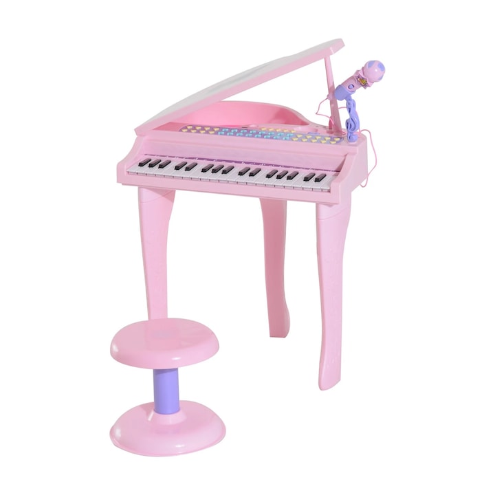 Jucarie Mini Pian Homcom pentru Copii cu Microfon si Scaunel, Roz