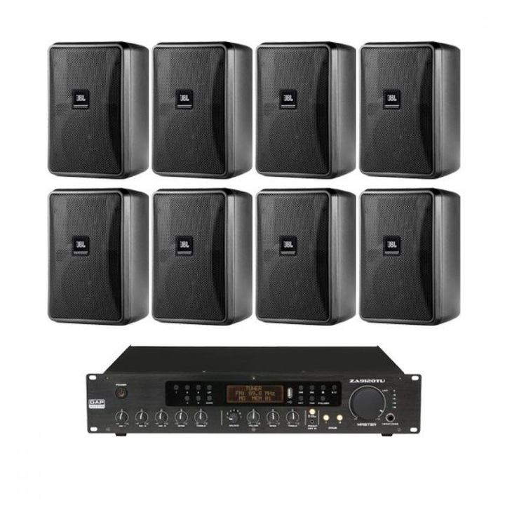 Аудио система за тераса, JBL Control 23-1, Озвучаване ресторант, хотел, 8 черни тонколони, 1 х усилвател