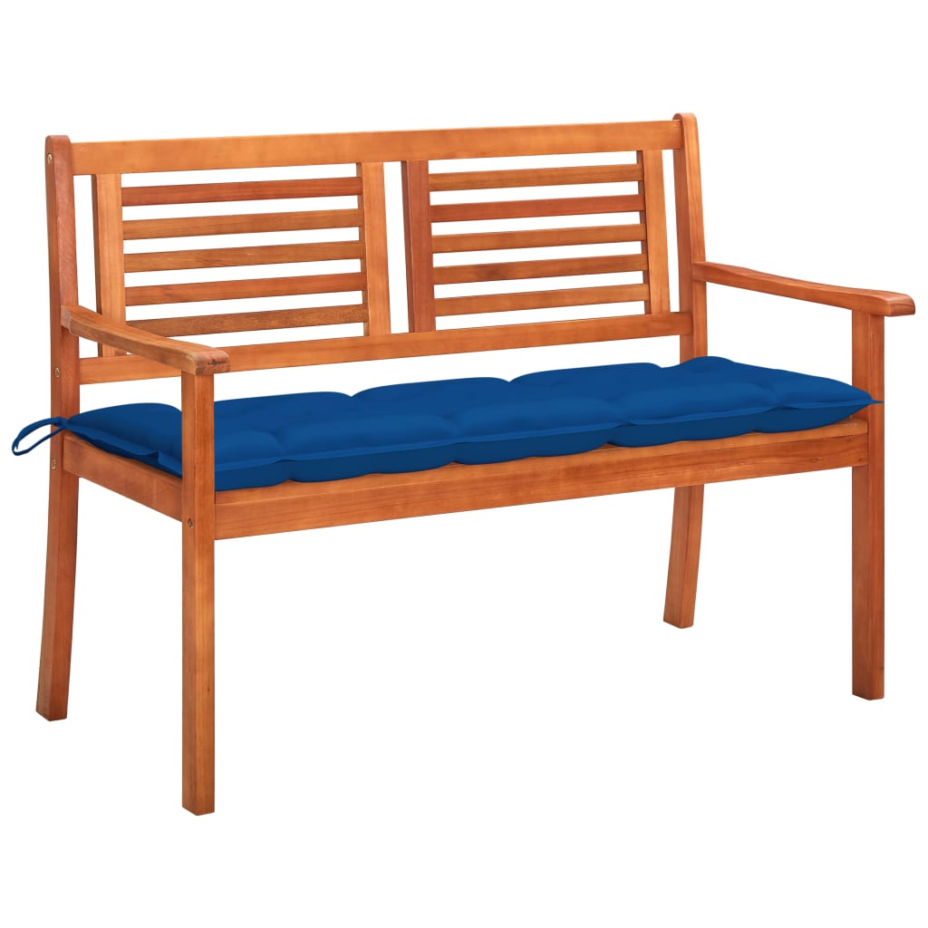 Banca de gradina cu 2 locuri cu perna vidaXL, Lemn masiv de eucalipt, 120 x 60 x 89 cm, Maro/Albastru