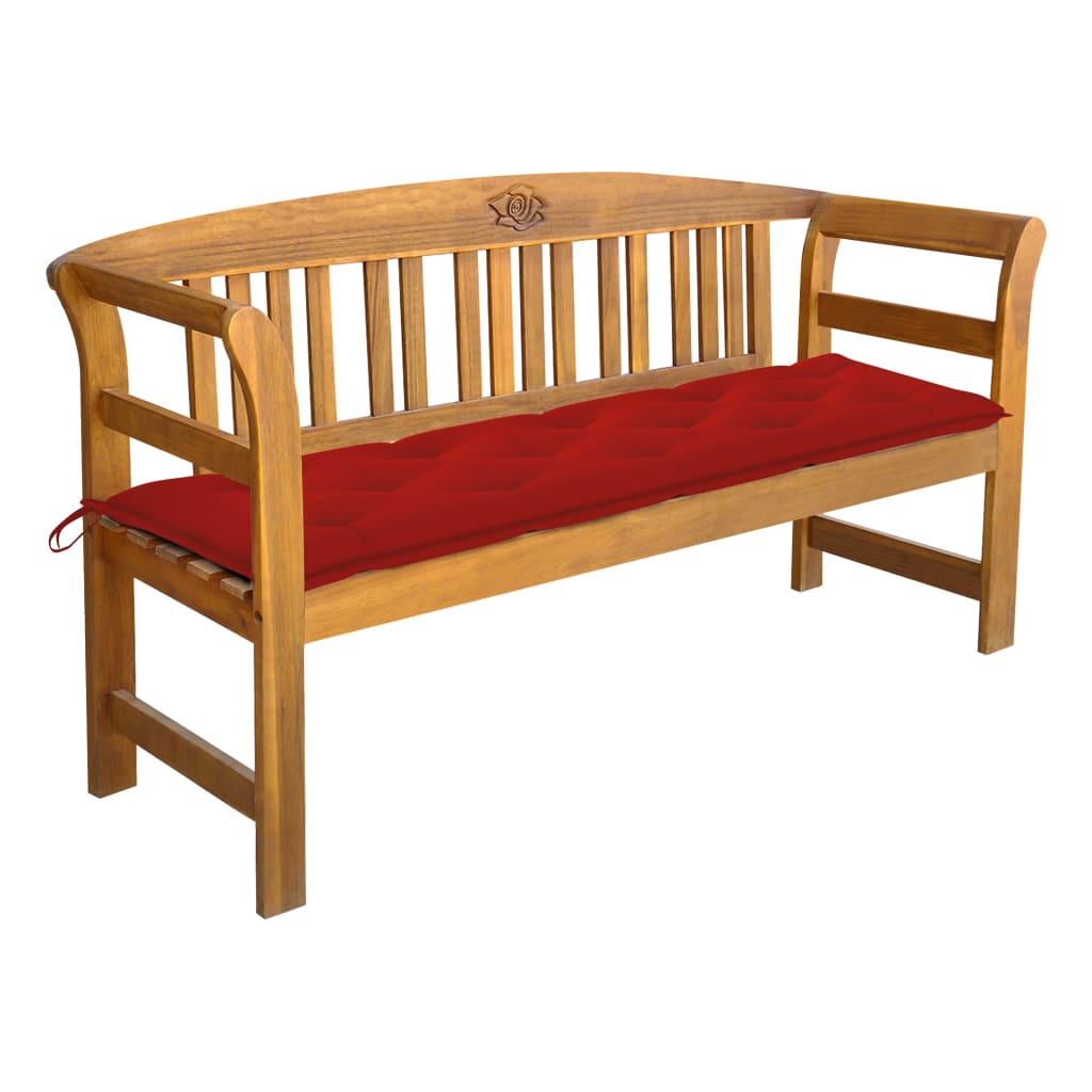Banca de gradina din lemn masiv cu cotiere curbate cu perna vidaXL, Lemn de acacia, 157 x 45 x 82.5 cm, perna 7 cm, Maro/Rosu