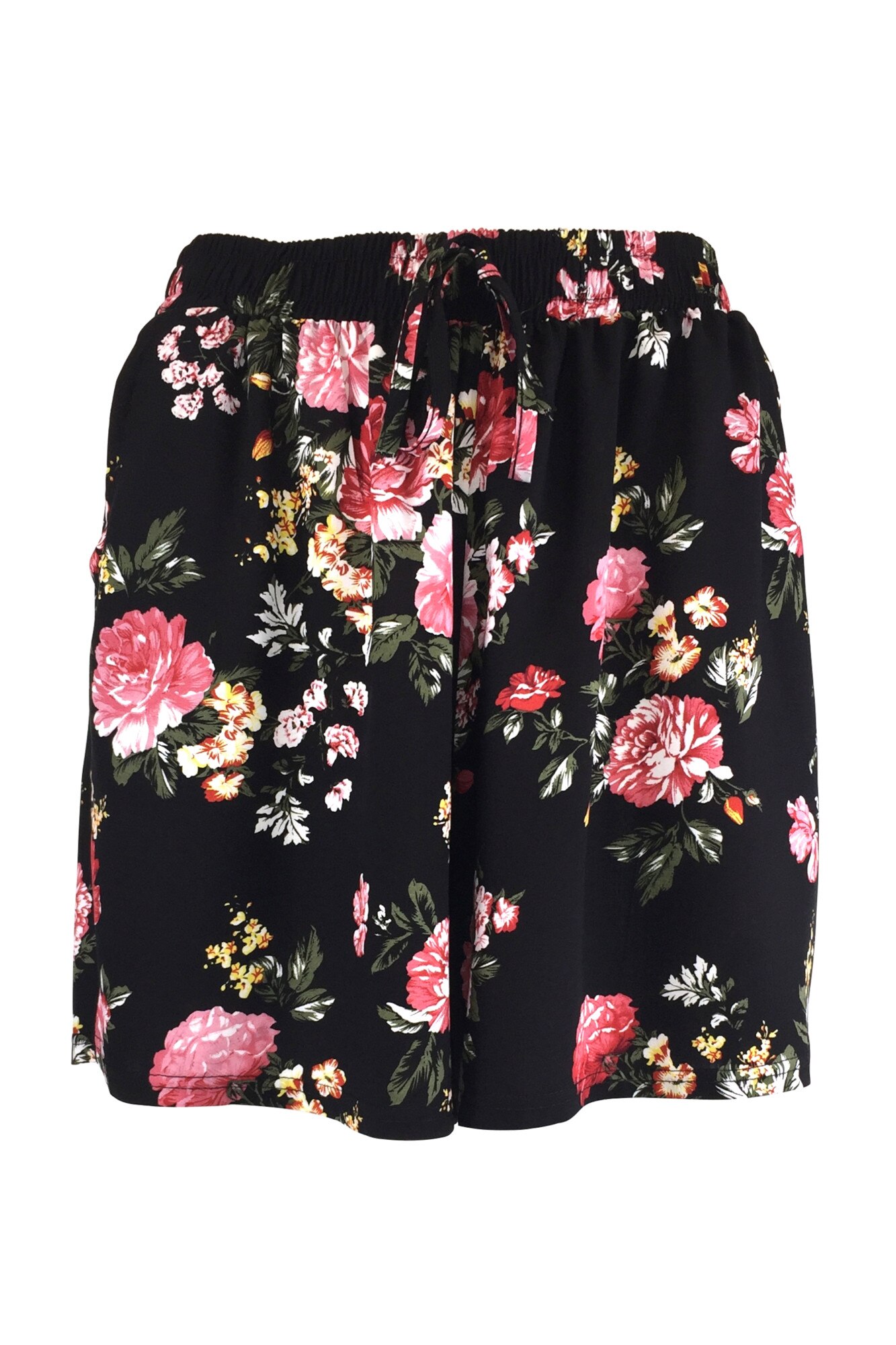 Fusta-pantalon scurta, Univers Fashion, culoare neagra cu imprimeu floral rosu, 2 buzunare, cordon si elastic la talie, marime M-L