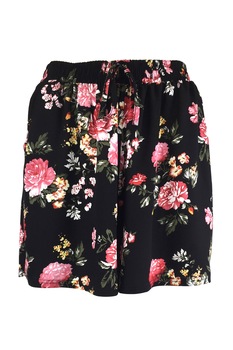 Fusta-pantalon scurta, Univers Fashion, culoare neagra cu imprimeu floral rosu, 2 buzunare, cordon si elastic la talie, marime M-L Fusta-pantalon scurta, Univers Fashion, culoare neagra cu imprimeu floral rosu, 2 buzunare, cordon si elastic la talie, marime M-L
