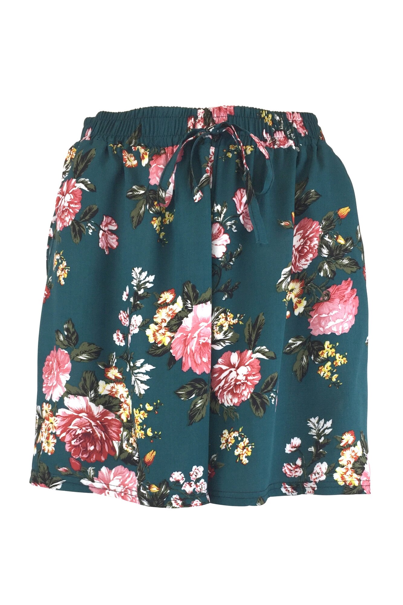 Fusta-pantalon scurta, Univers Fashion, verde cu imprimeu floral multicolor, 2 buzunare, cordon si elastic la talie, marime M-L