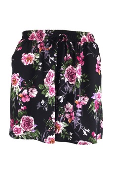 Fusta-pantalon scurta, Univers Fashion, culoare neagra cu imprimeu floral fucsia, 2 buzunare, cordon si elastic la talie, marime M-L Fusta-pantalon scurta, Univers Fashion, culoare neagra cu imprimeu floral fucsia, 2 buzunare, cordon si elastic la talie, marime M-L
