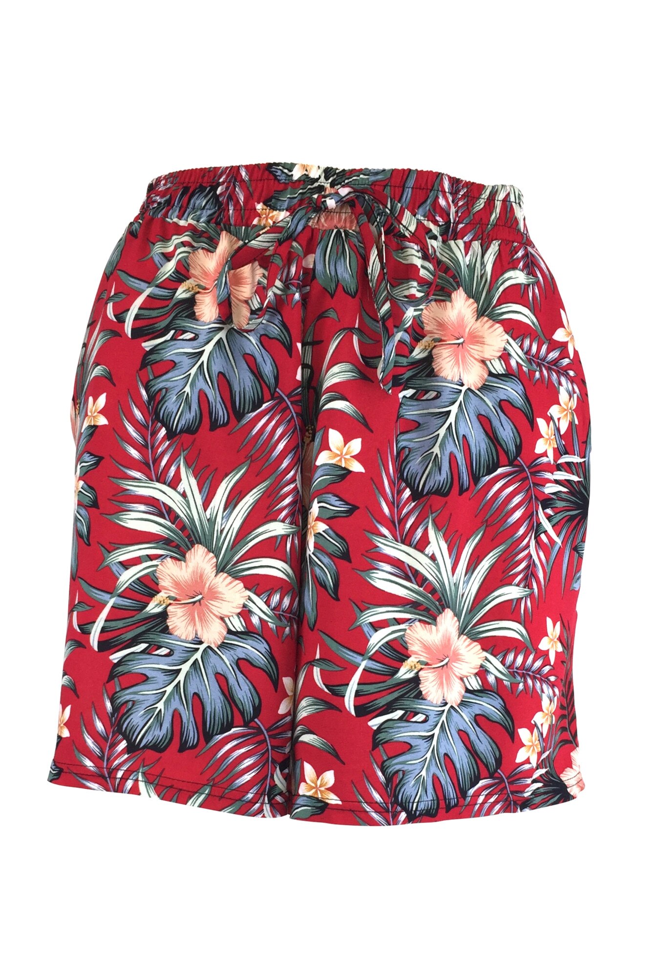 Fusta-pantalon scurta, Univers Fashion, rosu cu imprimeu floral multicolor, 2 buzunare, cordon si elastic la talie