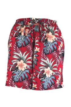 Fusta-pantalon scurta, Univers Fashion, rosu cu imprimeu floral multicolor, 2 buzunare, cordon si elastic la talie Fusta-pantalon scurta, Univers Fashion, rosu cu imprimeu floral multicolor, 2 buzunare, cordon si elastic la talie