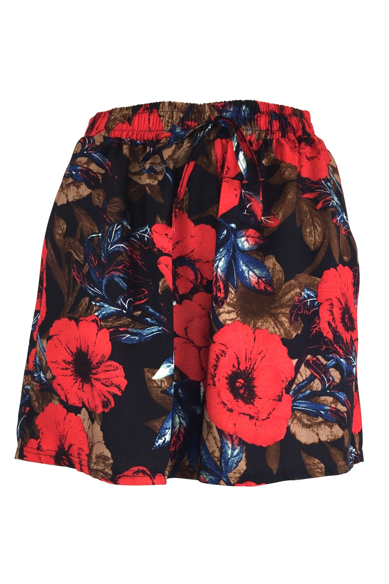 Fusta-pantalon scurta, Univers Fashion, negru cu imprimeu floral rosu, 2 buzunare, cordon si elastic la talie, marime M-L