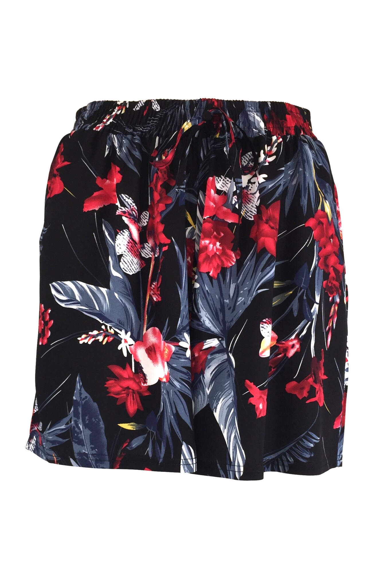 Fusta-pantalon scurta, Univers Fashion, culoare neagra cu imprimeu floral multicolor, 2 buzunare, cordon si elastic la talie, marime M-L