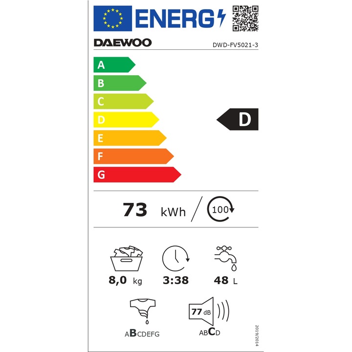 Masina de spalat rufe Daewoo DWD-FV5021-3, 8 kg, 1200 rpm, clasa energetica D, 15 programe, Alb