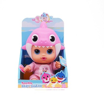 Bebelus care arunca apa, papusa rechin cu biberon, baby shark, muzica originala, baterii incluse , roz, 26 cm Bebelus care arunca apa, papusa rechin cu biberon, baby shark, muzica originala, baterii incluse , roz, 26 cm