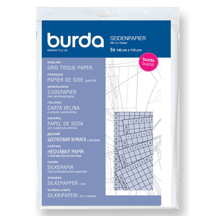 Hartie textila pentru tipare, cu grila in cm, 5 coli, 140 cm x 110 cm, Burda Style