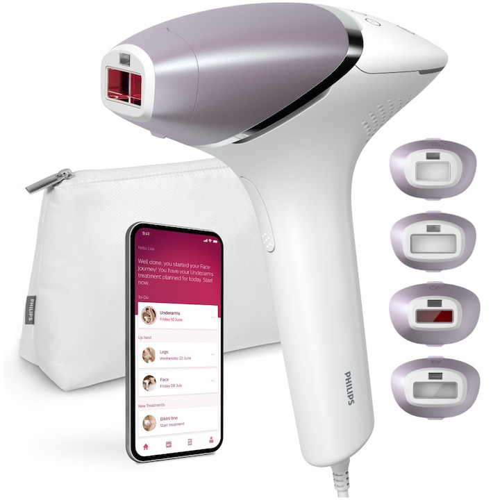 Фотоепилатор IPL Philips Lumea Seria 8000 BRI947/00, Сензор Smartskin, Технология SenseIQ, Употреба с кабел, 450.000 импулса, Аксесоари за лице, тяло, подмишници и бикини зона, Бял/Розов