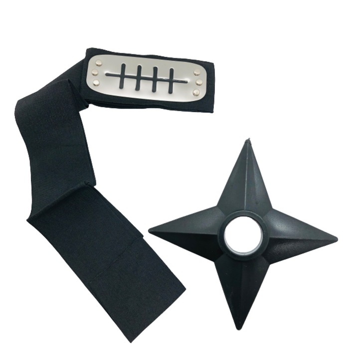 Set Bandana Naruto Simbolul Ploii, 90 cm si Shuriken Ninja din plastic, Negru, Shop Like A Pro®