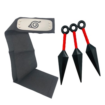 Bandana Naruto 90 cm, Frunza, simbol metalic, negru si 3 cutite kunai din plastic Bandana Naruto 90 cm, Frunza, simbol metalic, negru si 3 cutite kunai din plastic
