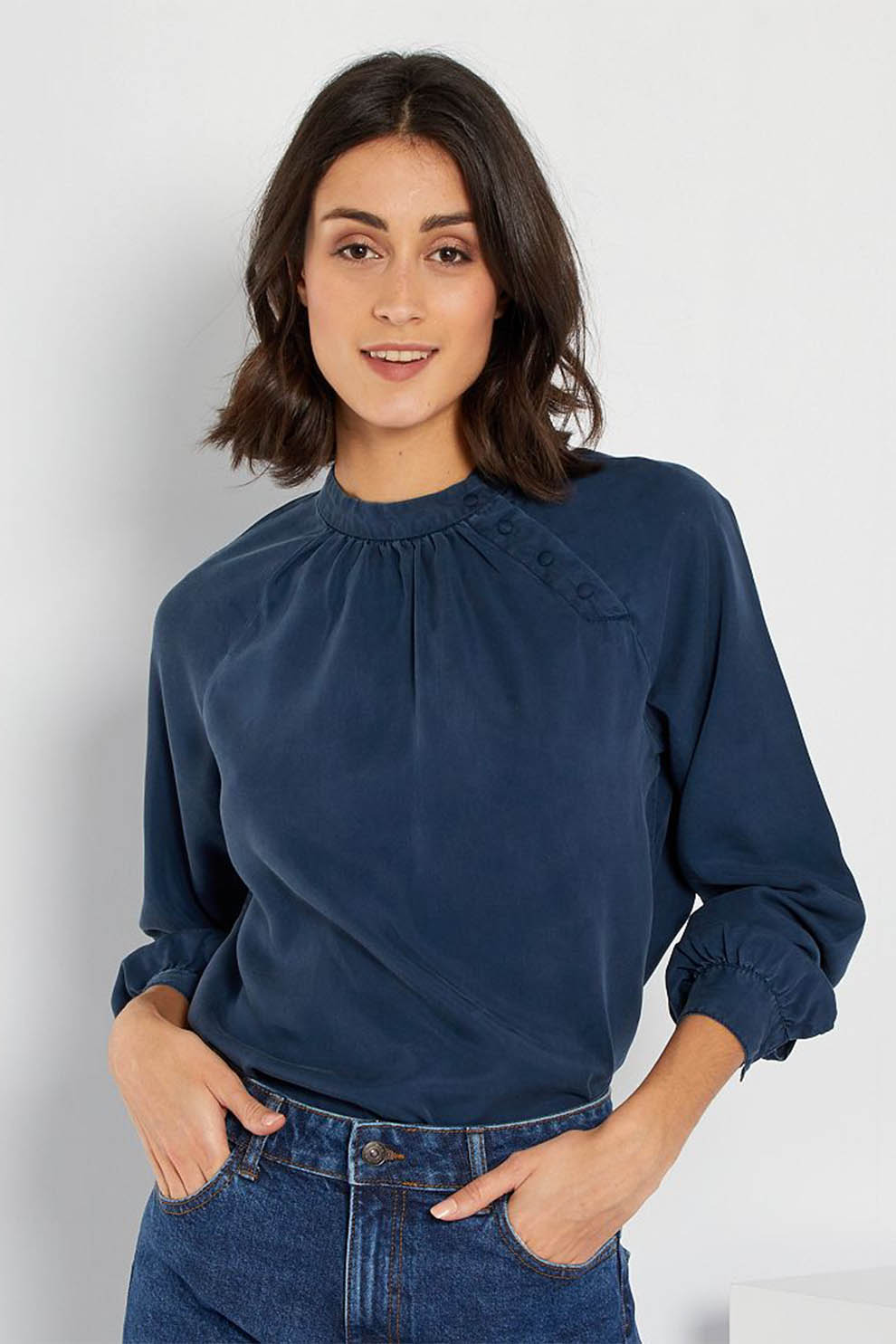KIABI, Bluza din lyocell cu fenta cu capse, Bleumarin