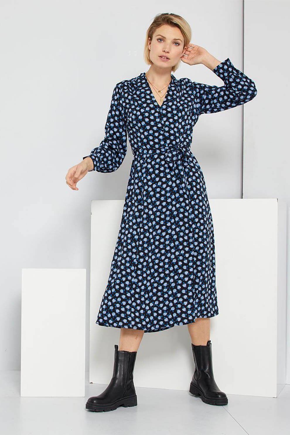 KIABI, Rochie midi cu decolteu in V si model floral, Bleumarin