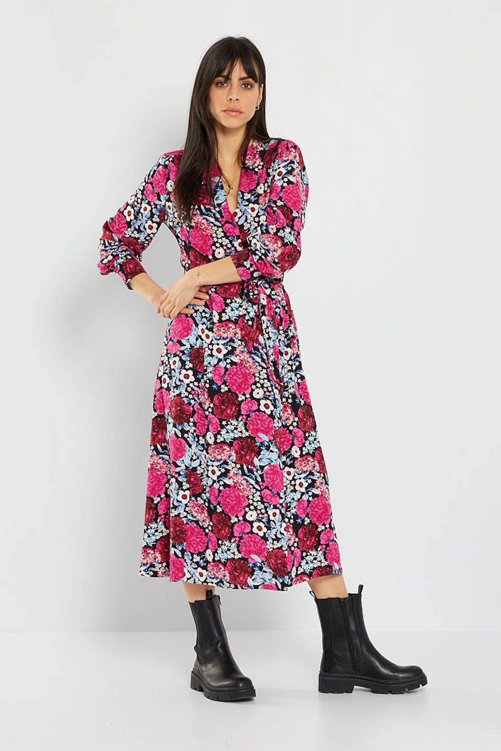 KIABI, Rochie midi cu decolteu in V si model floral, Multicolora