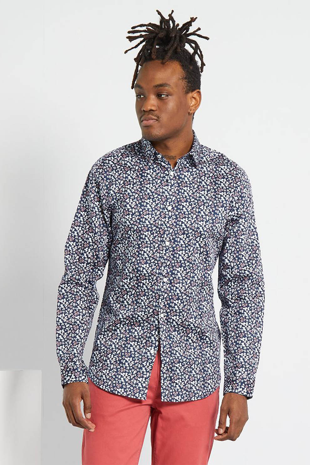 KIABI, Camasa slim fit de bumbac cu imprimeu floral, Bleumarin