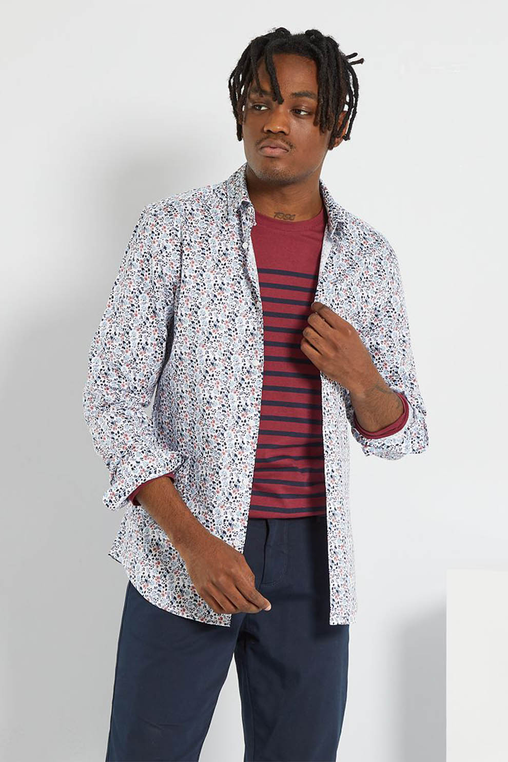 KIABI, Camasa slim fit de bumbac cu imprimeu floral, Multicolora