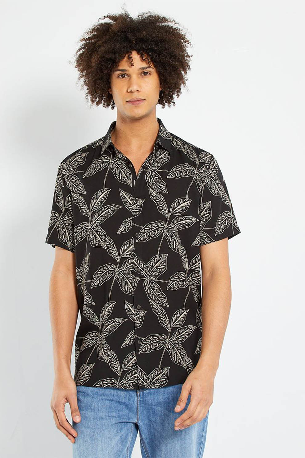 KIABI, Camasa regular fit cu imprimeu tropical, Negru