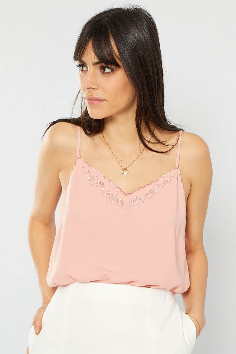 KIABI, Top cu decolteu in V si detalii brodate, Roz pastel