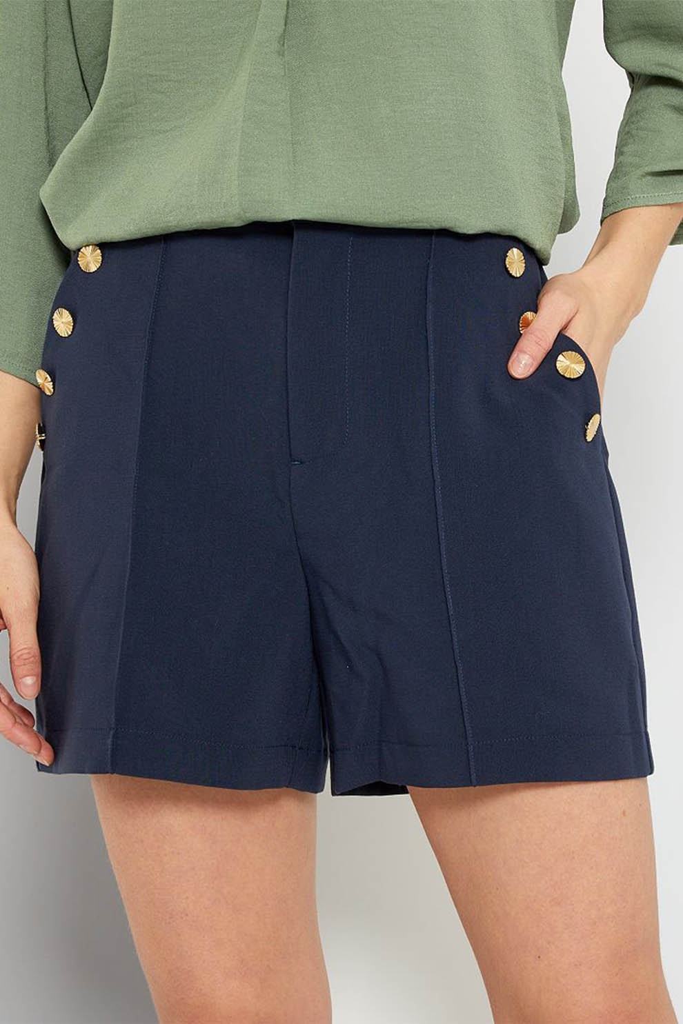 KIABI, Pantaloni scurti cu buzunare oblice si nasturi decorativi, Bleumarin