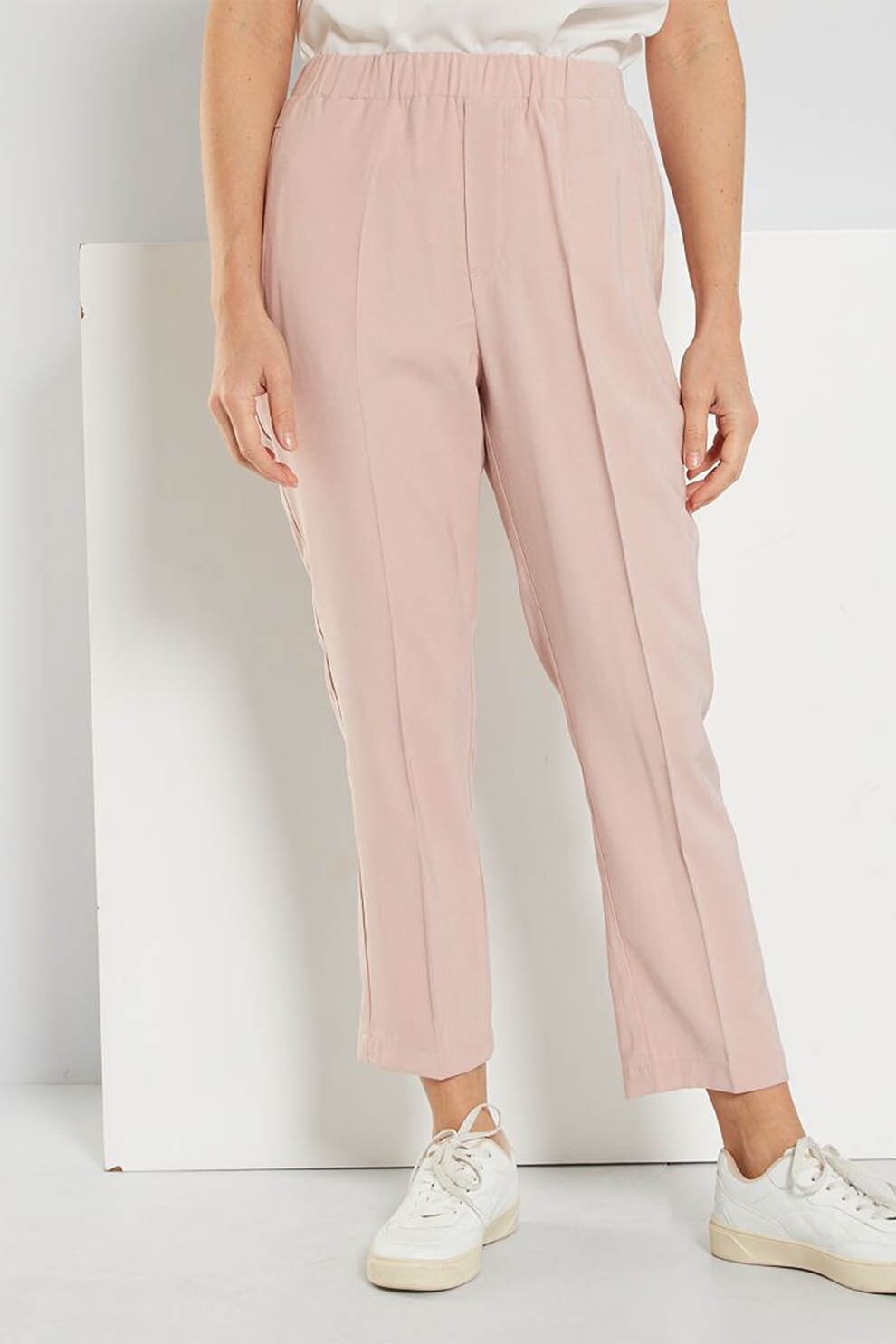 KIABI, Pantaloni crop cu talie elastica, Roz pastel